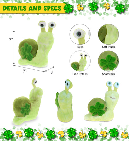 DolliBu Super Soft Green Snail Stuffed Animal with Green Plush Shamrock, 7 Inch
