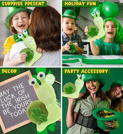 DolliBu Super Soft Green Snail Stuffed Animal with Green Plush Shamrock, 7 Inch