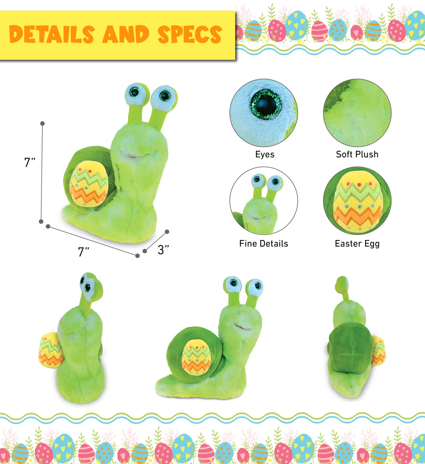 DolliBu Super Soft Cute Green Snail with Yellow Easter Egg Plush - 7 Inches