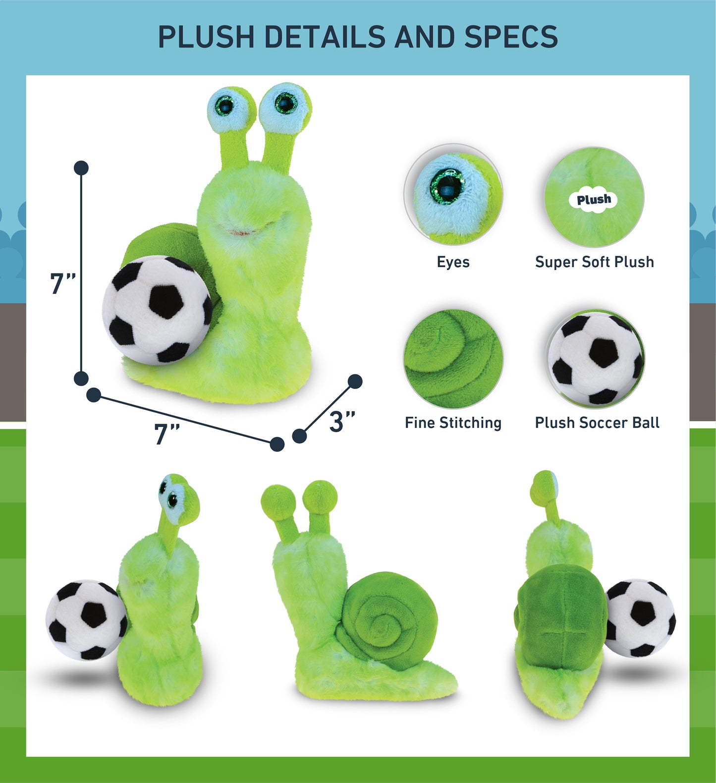SUPER SOFT PLUSH - GREEN SNAIL WITH SOCCER PLUSH