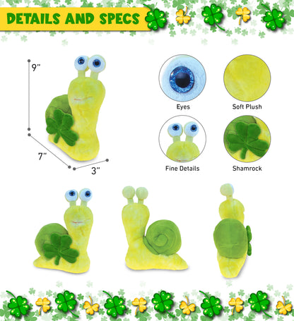 DolliBu Soft Yellow Snail Stuffed Animal with Green Plush Shamrock - 7 Inches