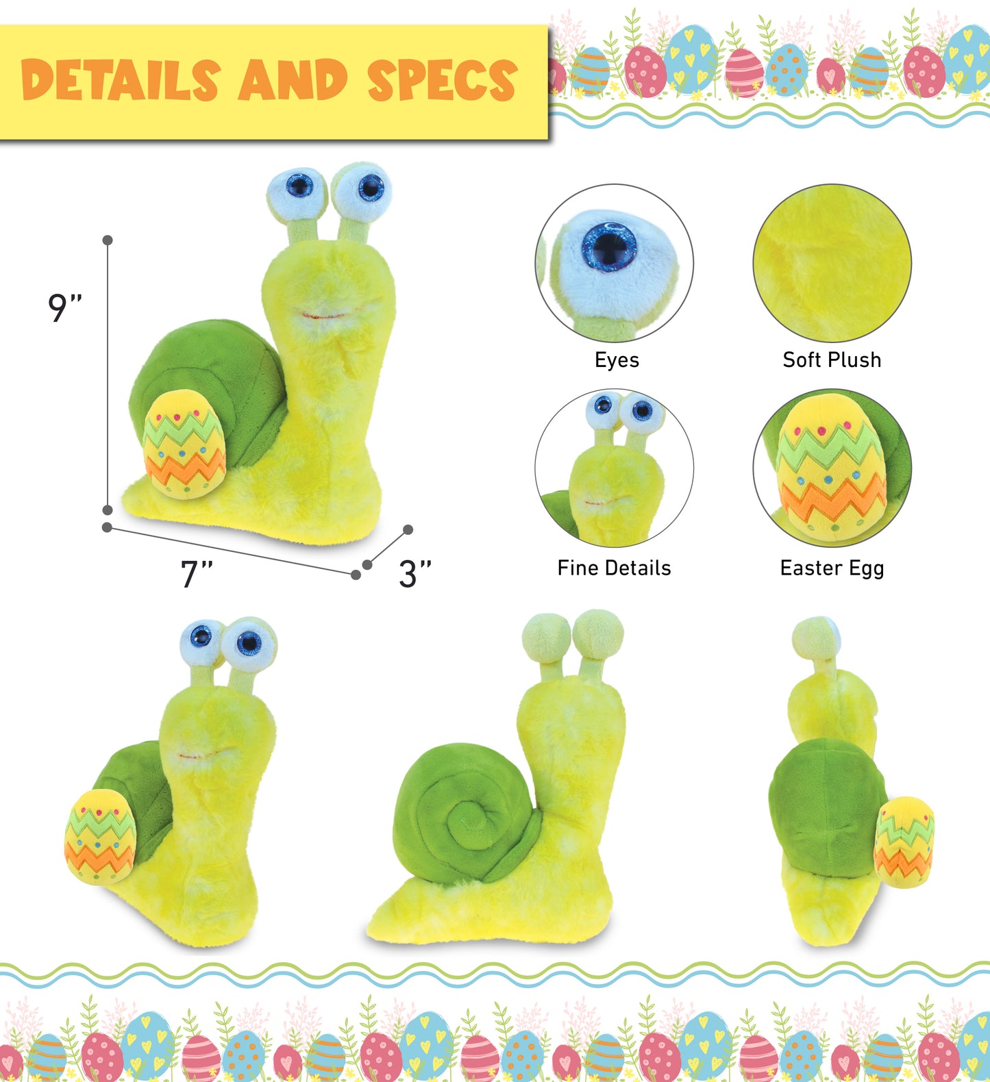 DolliBu Super Soft Cute Yellow Snail with Yellow Easter Egg Plush - 9 Inches