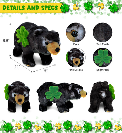 DolliBu Wild Black Bear Stuffed Animal with Green Plush Shamrock - 11 Inches