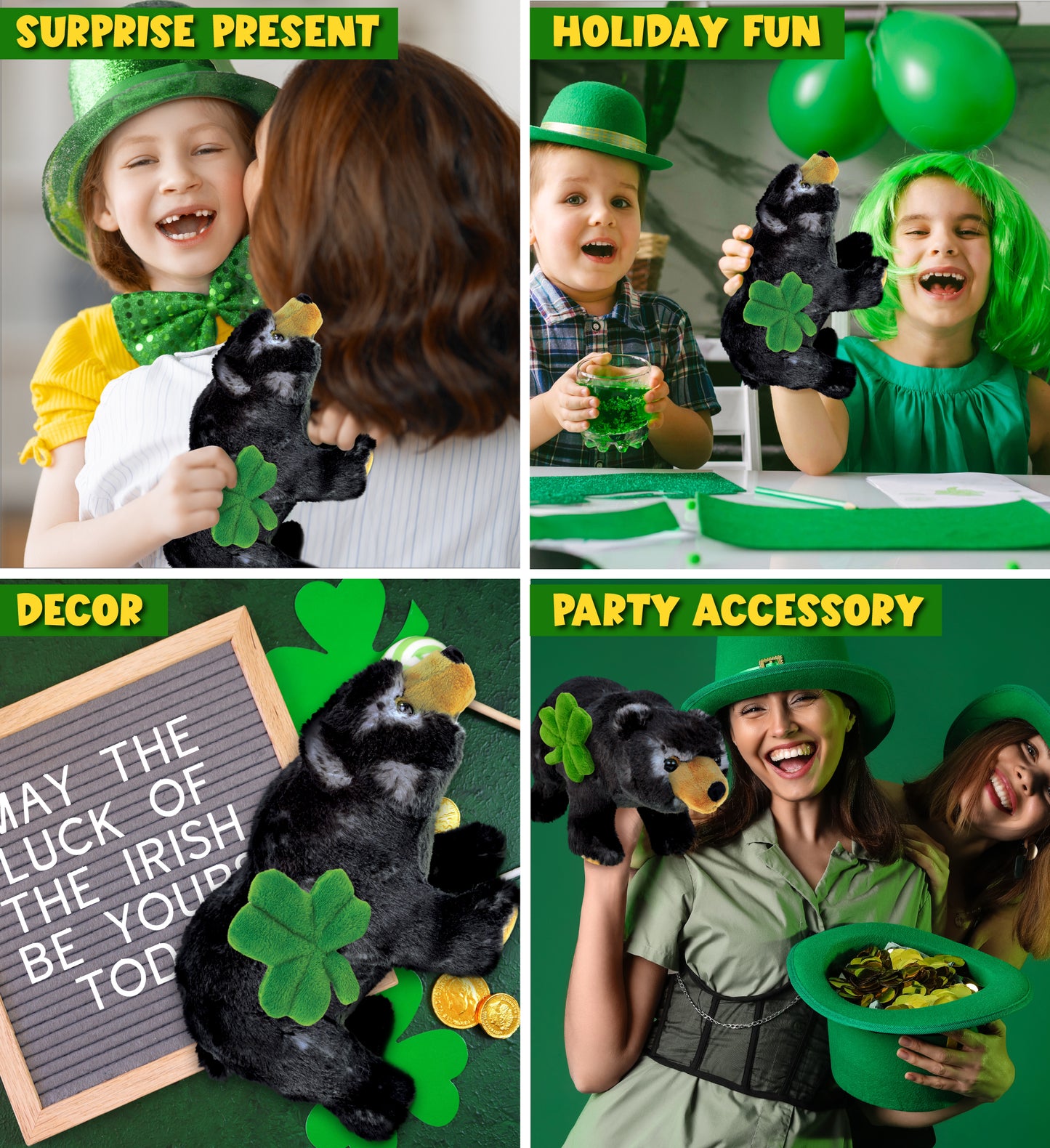 DolliBu Wild Black Bear Stuffed Animal with Green Plush Shamrock - 11 Inches