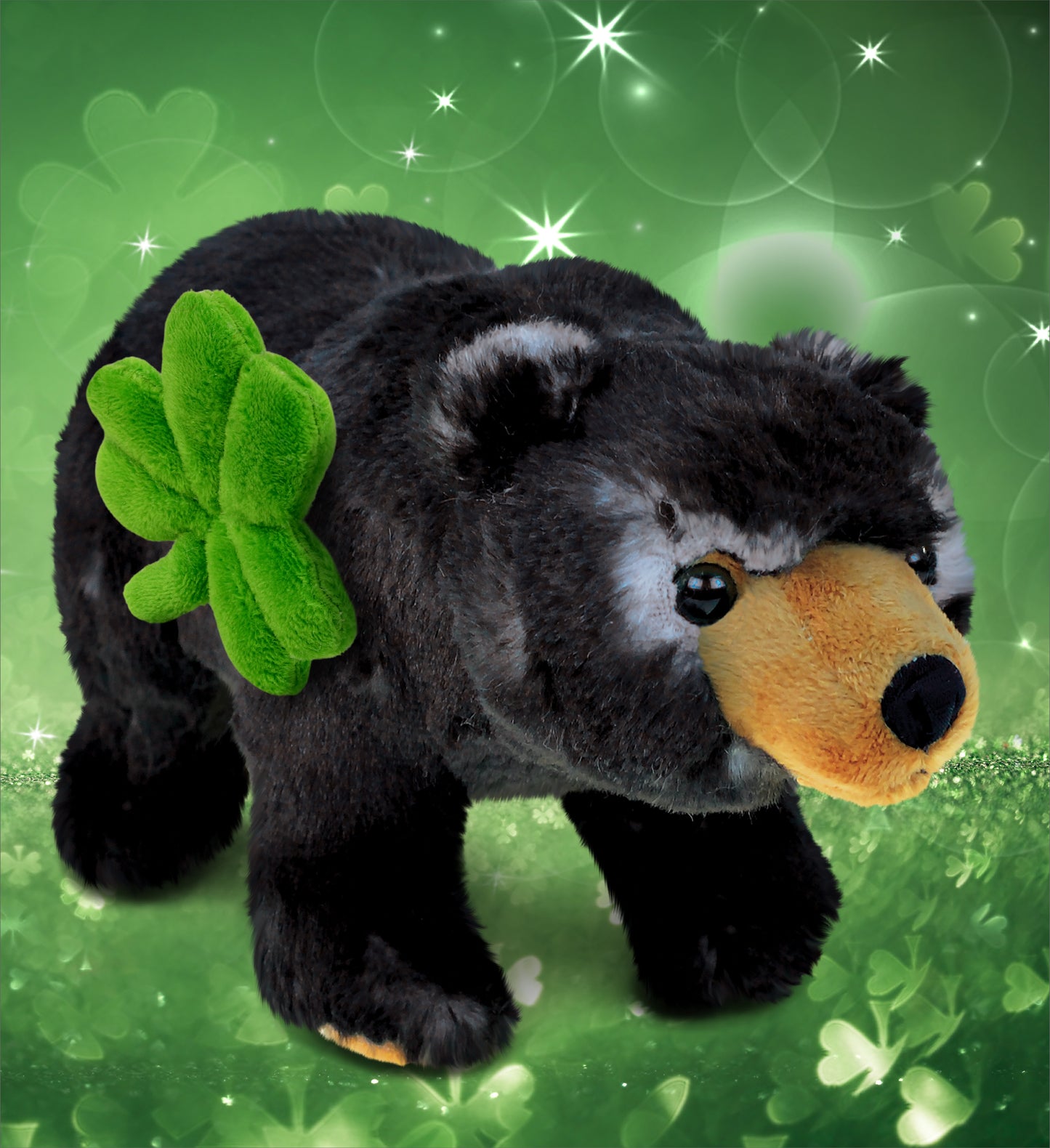 DolliBu Wild Black Bear Stuffed Animal with Green Plush Shamrock - 11 Inches
