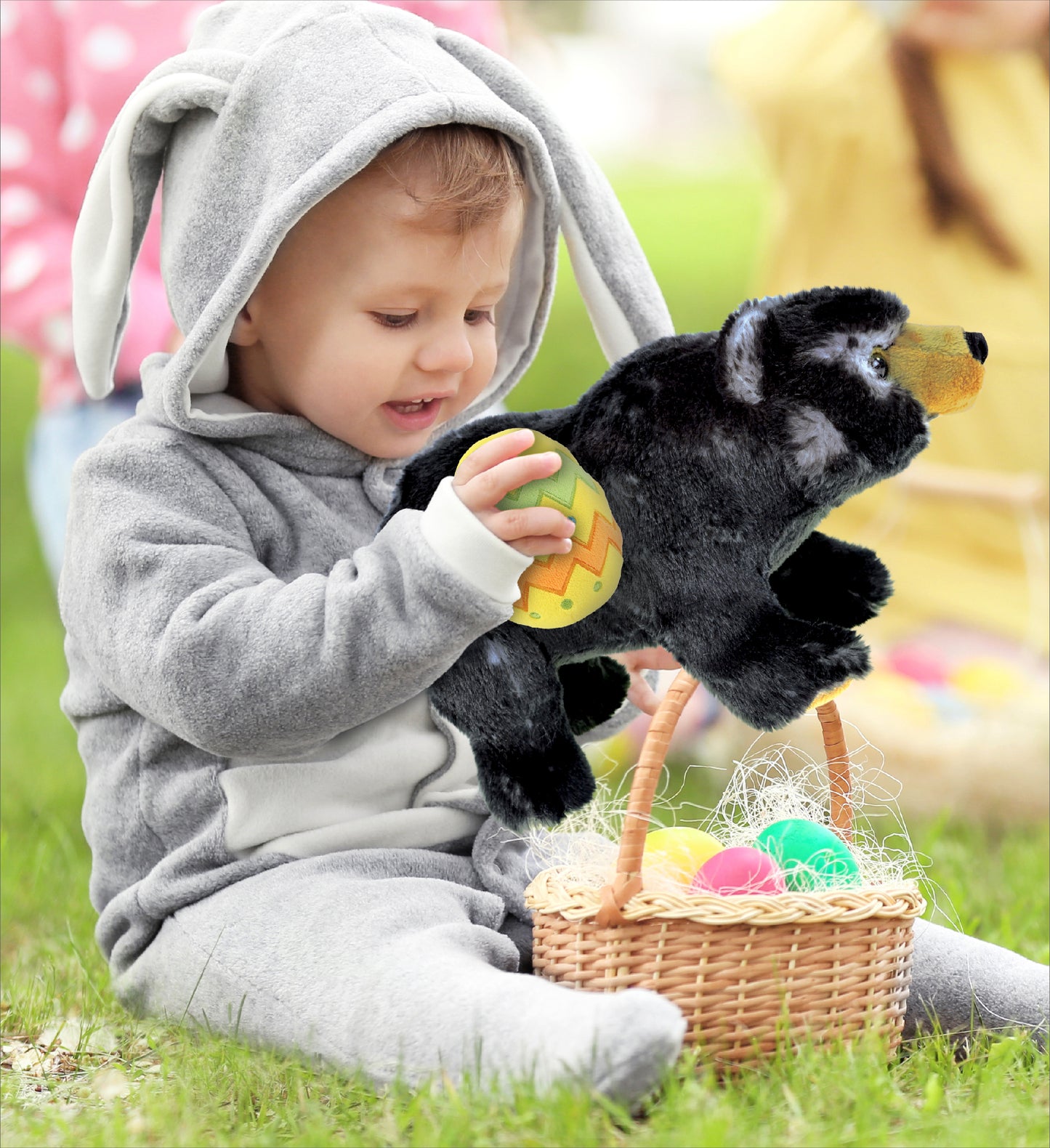 DolliBu Super Soft Wild Black Bear with Yellow Easter Egg Plush - 11 Inches