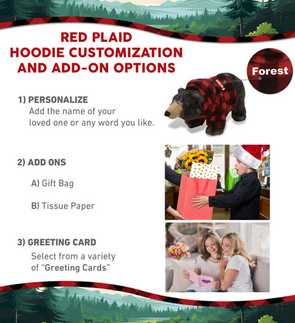 SUPER SOFT PLUSH - STANDING WILD BLACK BEAR WITH RED PLAID HOODIE