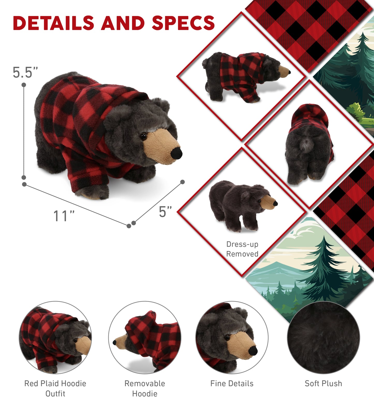 SUPER SOFT PLUSH - STANDING WILD BLACK BEAR WITH RED PLAID HOODIE