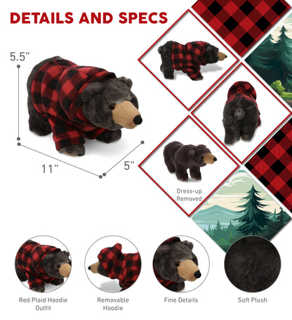 SUPER SOFT PLUSH - STANDING WILD BLACK BEAR WITH RED PLAID HOODIE