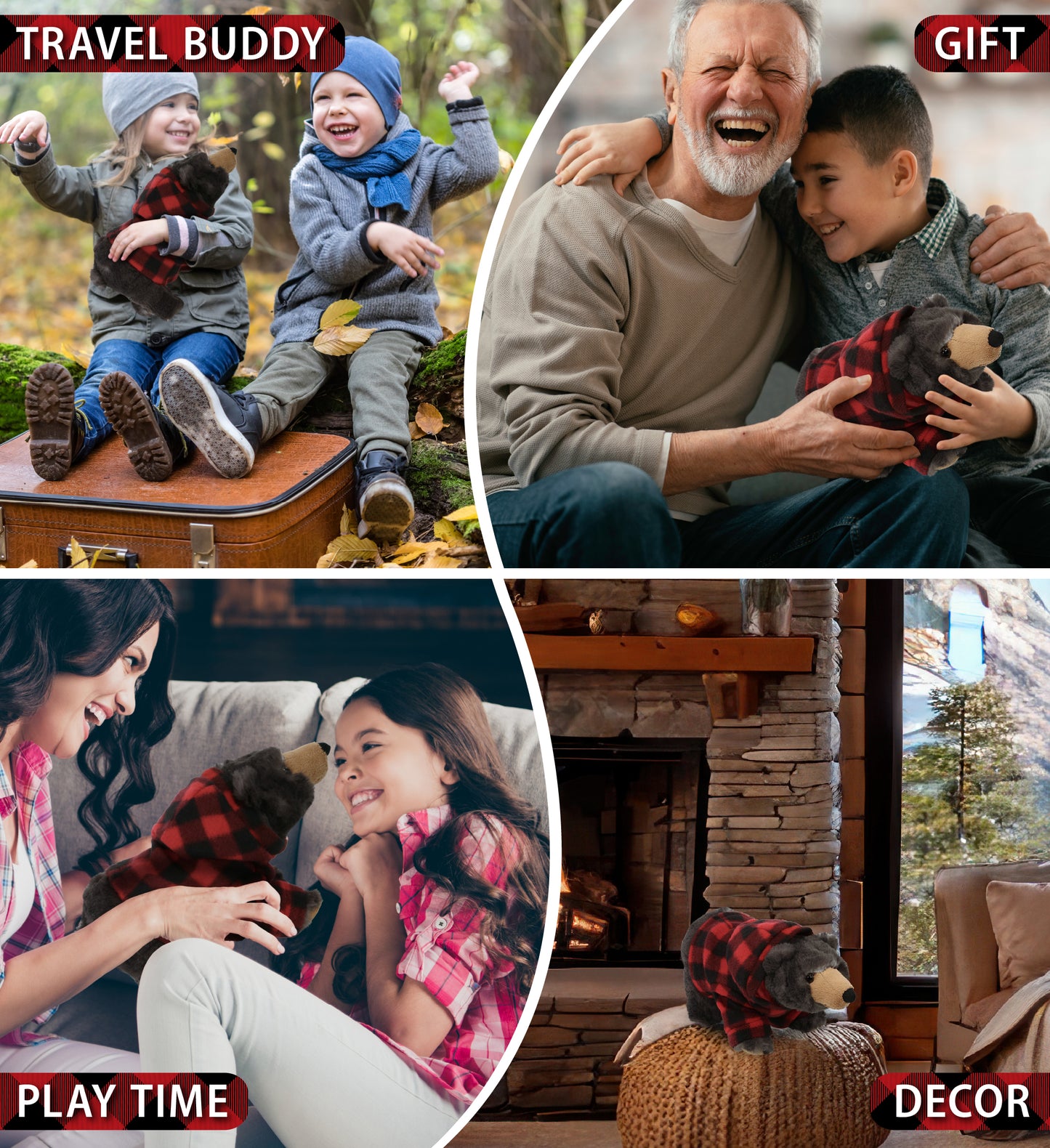 SUPER SOFT PLUSH - STANDING WILD BLACK BEAR WITH RED PLAID HOODIE