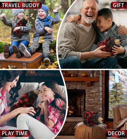 SUPER SOFT PLUSH - STANDING WILD BLACK BEAR WITH RED PLAID HOODIE