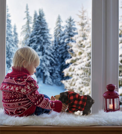 SUPER SOFT PLUSH - STANDING WILD BLACK BEAR WITH RED PLAID HOODIE