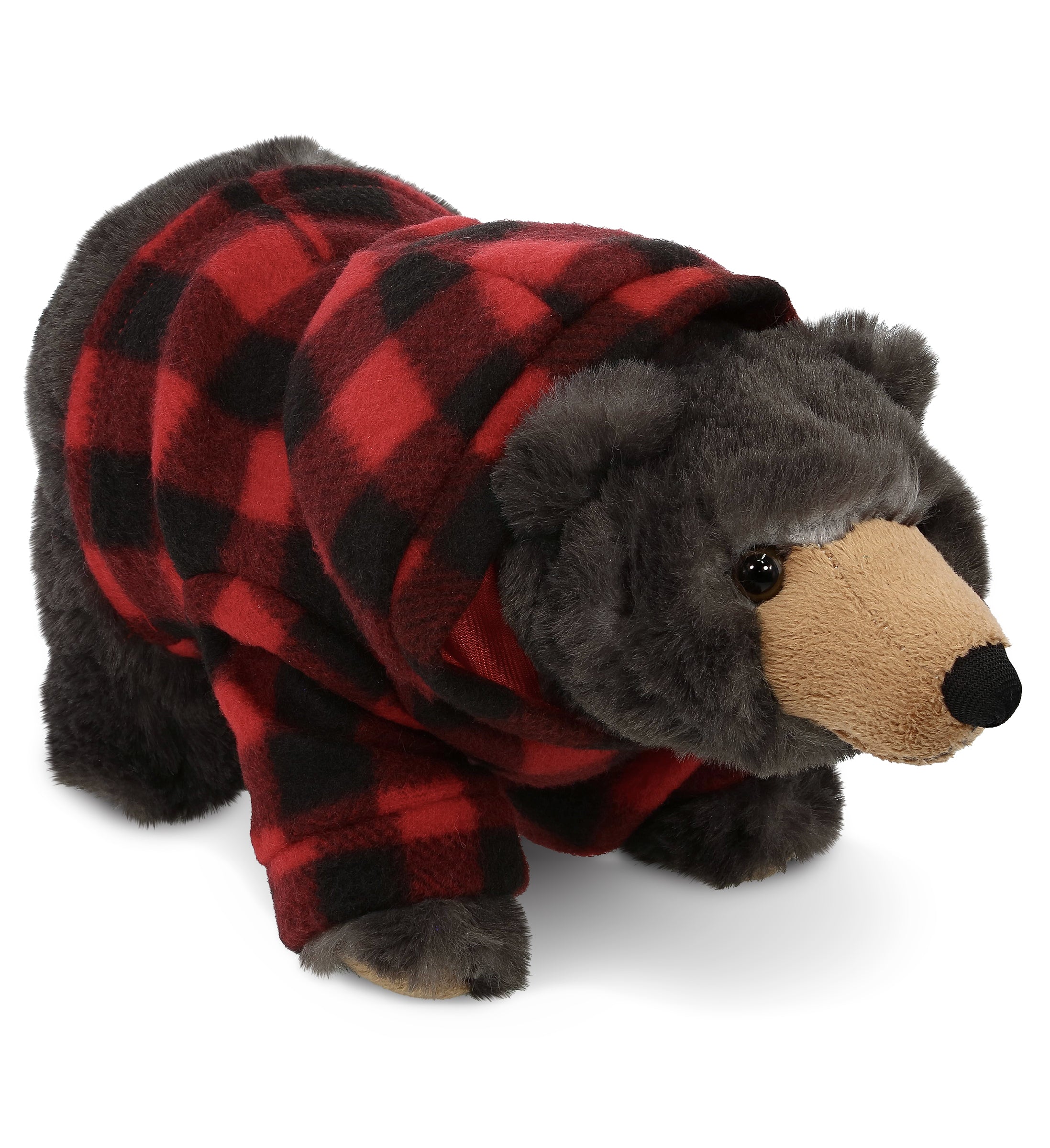 SUPER SOFT PLUSH - STANDING WILD BLACK BEAR WITH RED PLAID HOODIE