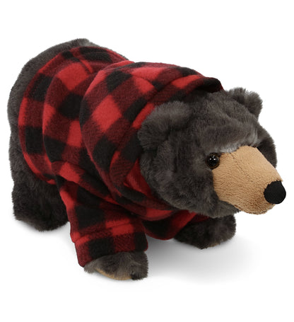 SUPER SOFT PLUSH - STANDING WILD BLACK BEAR WITH RED PLAID HOODIE