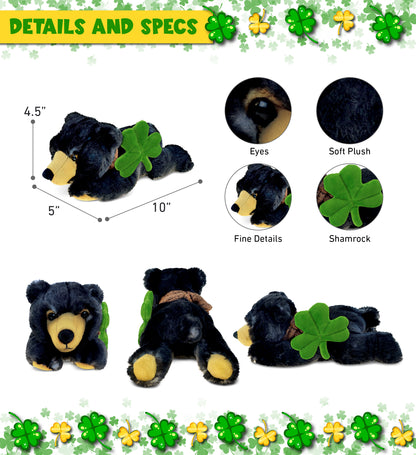 DolliBu Lying Wild Black Bear Stuffed Animal with Green Plush Shamrock, 10 Inch