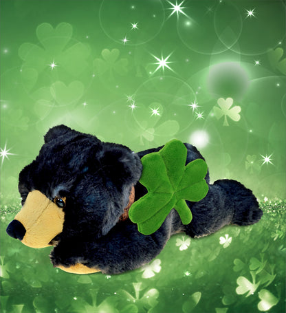DolliBu Lying Wild Black Bear Stuffed Animal with Green Plush Shamrock, 10 Inch