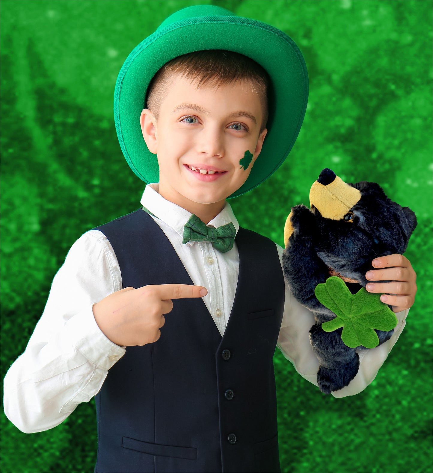 DolliBu Lying Wild Black Bear Stuffed Animal with Green Plush Shamrock, 10 Inch