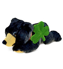 DolliBu Lying Wild Black Bear Stuffed Animal with Green Plush Shamrock, 10 Inch