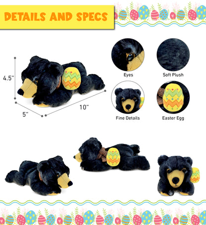 DolliBu Cute Lying Wild Black Bear with Yellow Easter Egg Plush - 10 Inches