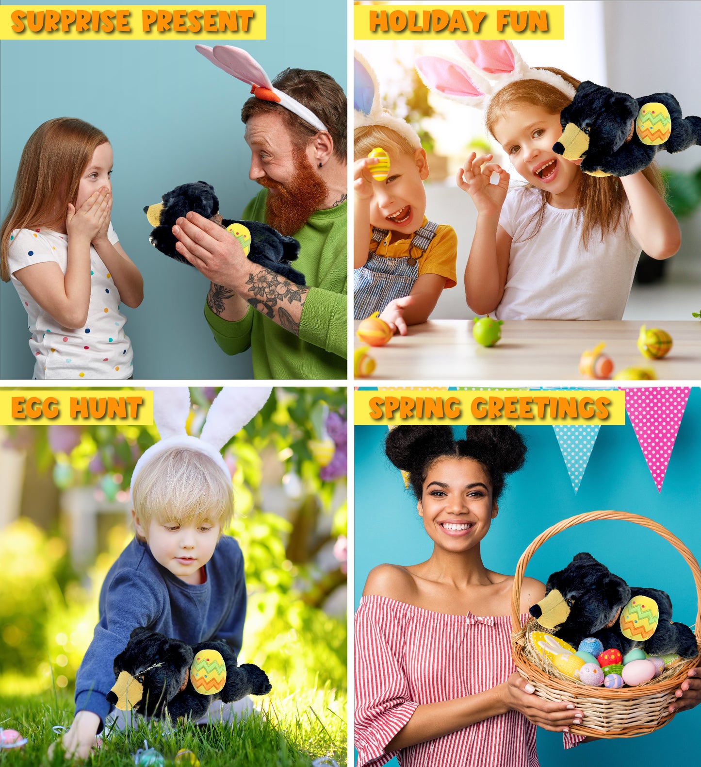 DolliBu Cute Lying Wild Black Bear with Yellow Easter Egg Plush - 10 Inches