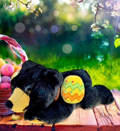 DolliBu Cute Lying Wild Black Bear with Yellow Easter Egg Plush - 10 Inches