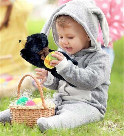 DolliBu Cute Lying Wild Black Bear with Yellow Easter Egg Plush - 10 Inches