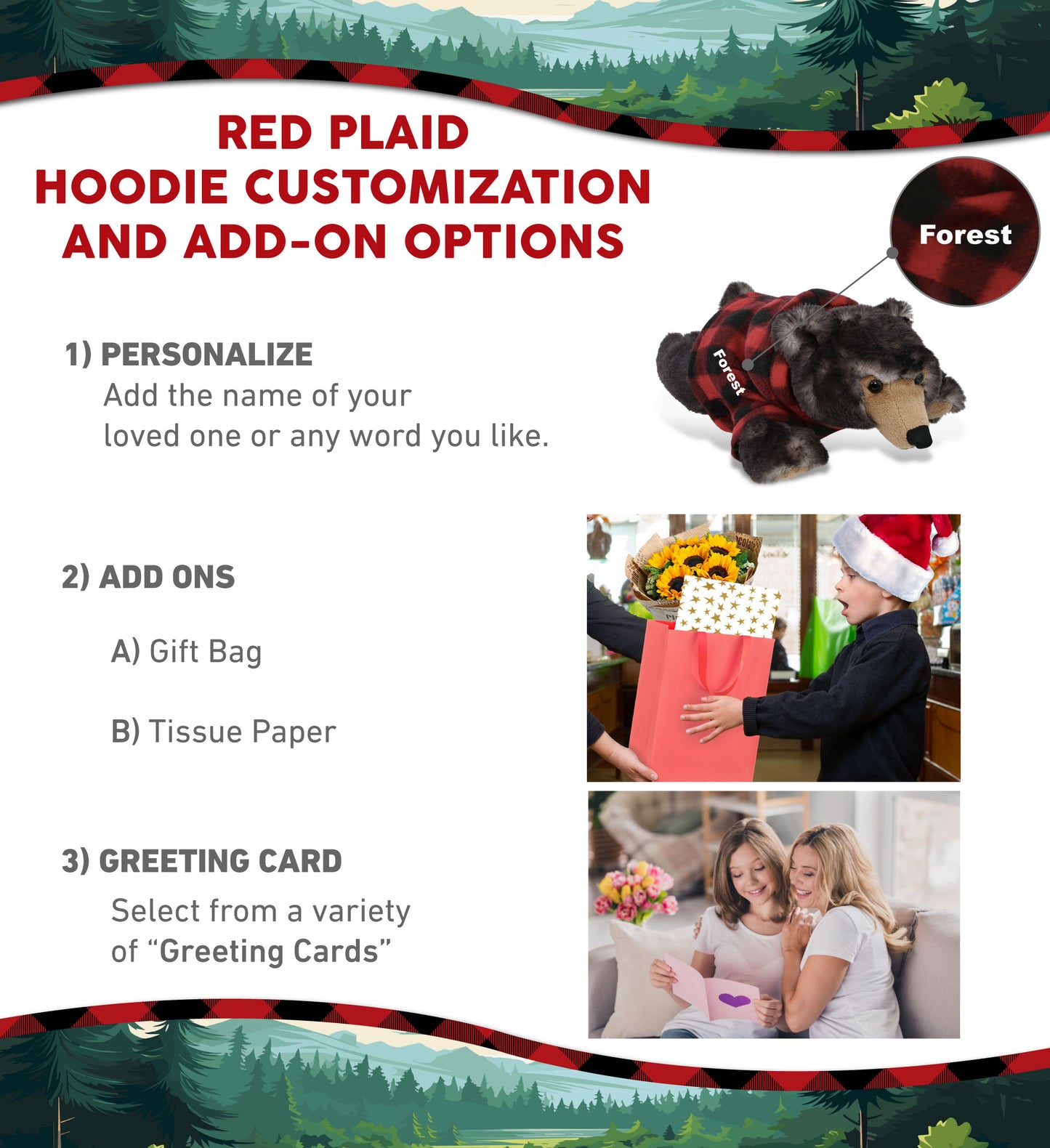 SUPER SOFT PLUSH - LYING WILD BLACK BEAR WITH RED PLAID HOODIE