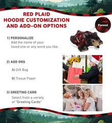 SUPER SOFT PLUSH - LYING WILD BLACK BEAR WITH RED PLAID HOODIE