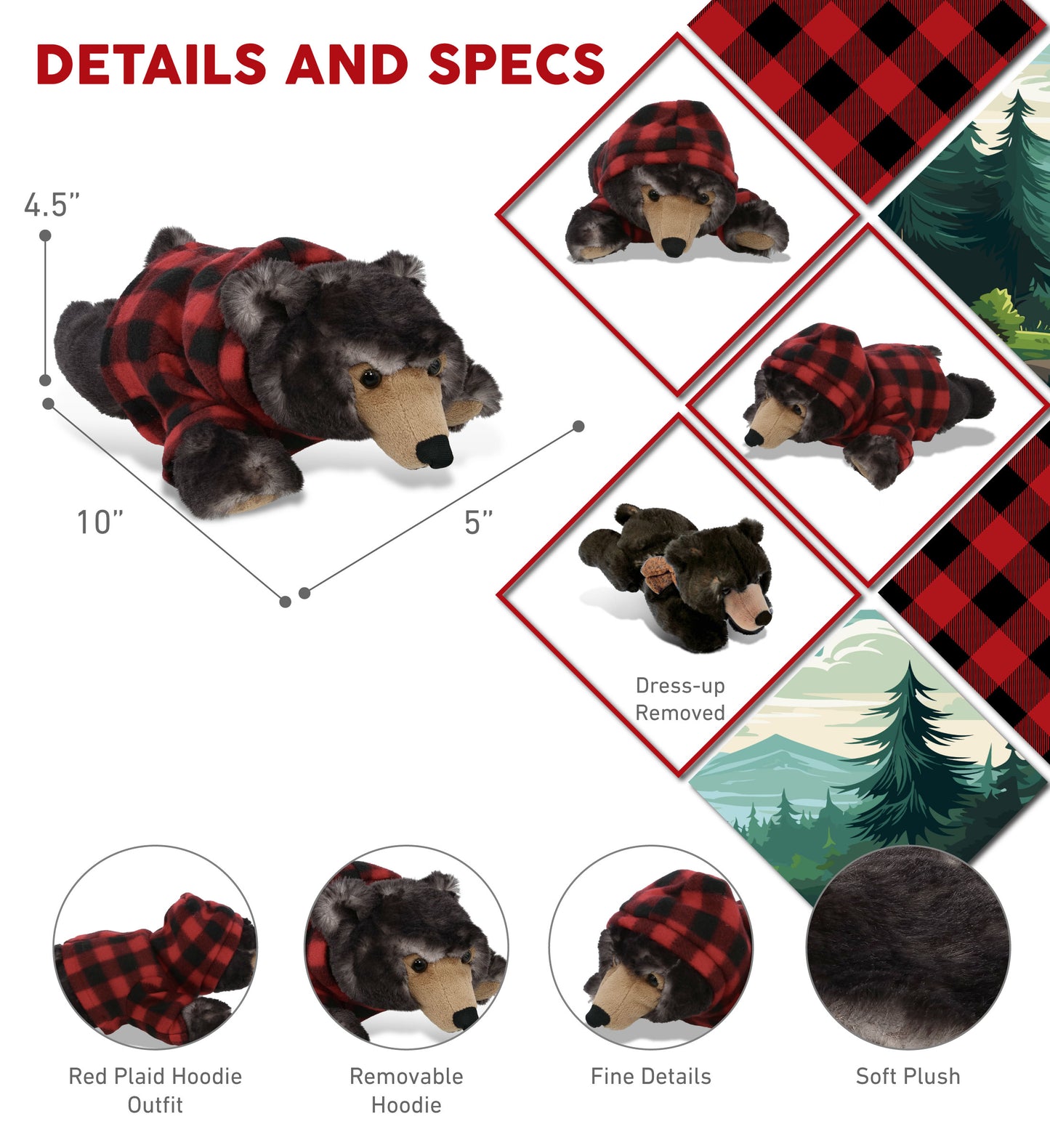 SUPER SOFT PLUSH - LYING WILD BLACK BEAR WITH RED PLAID HOODIE