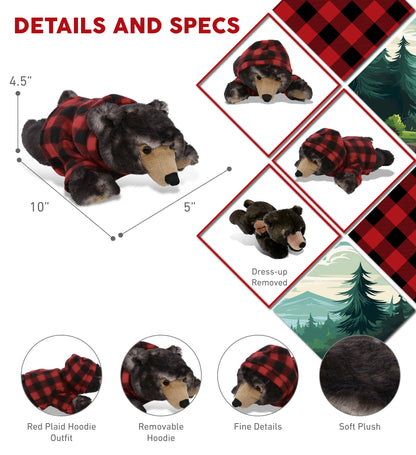 SUPER SOFT PLUSH - LYING WILD BLACK BEAR WITH RED PLAID HOODIE