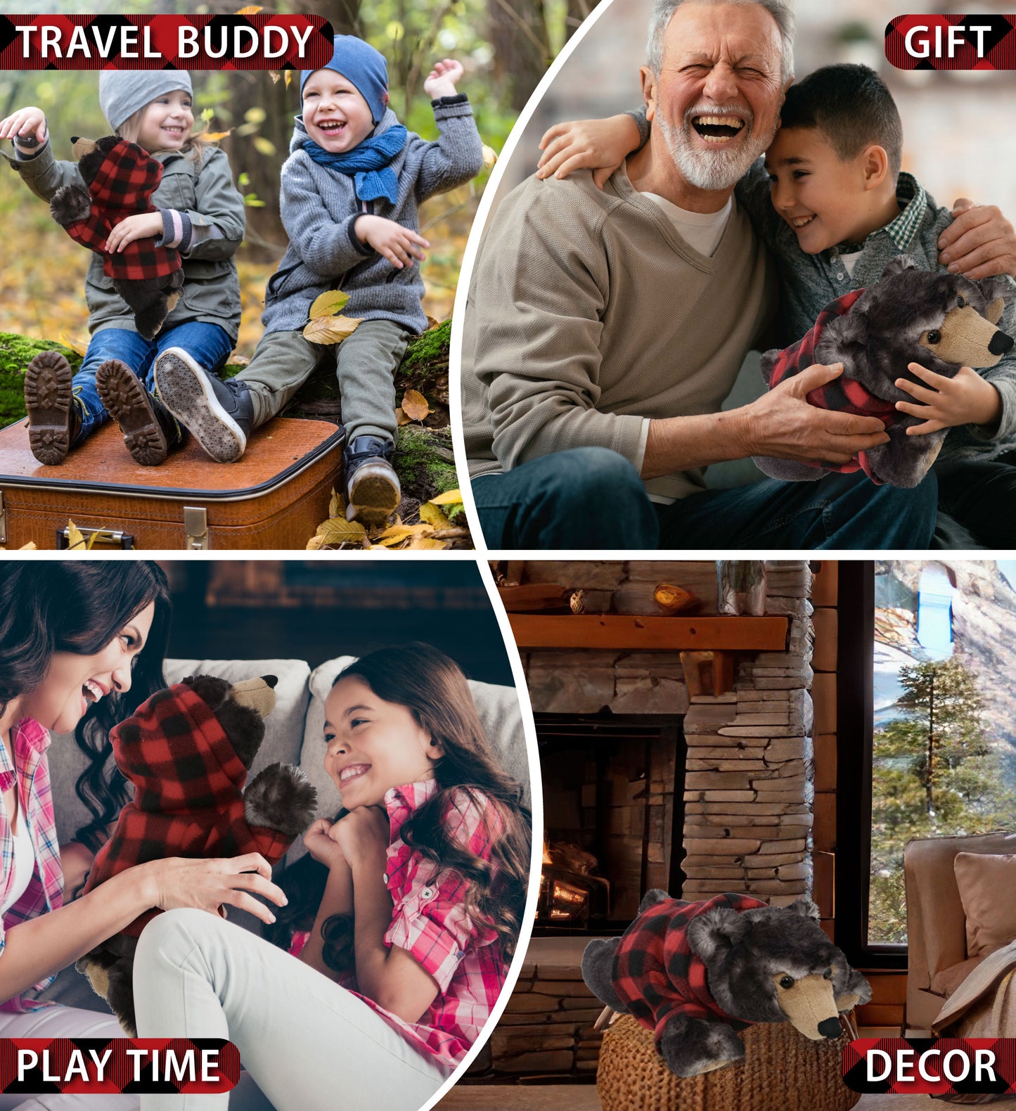 SUPER SOFT PLUSH - LYING WILD BLACK BEAR WITH RED PLAID HOODIE