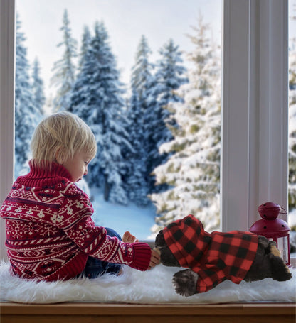 SUPER SOFT PLUSH - LYING WILD BLACK BEAR WITH RED PLAID HOODIE