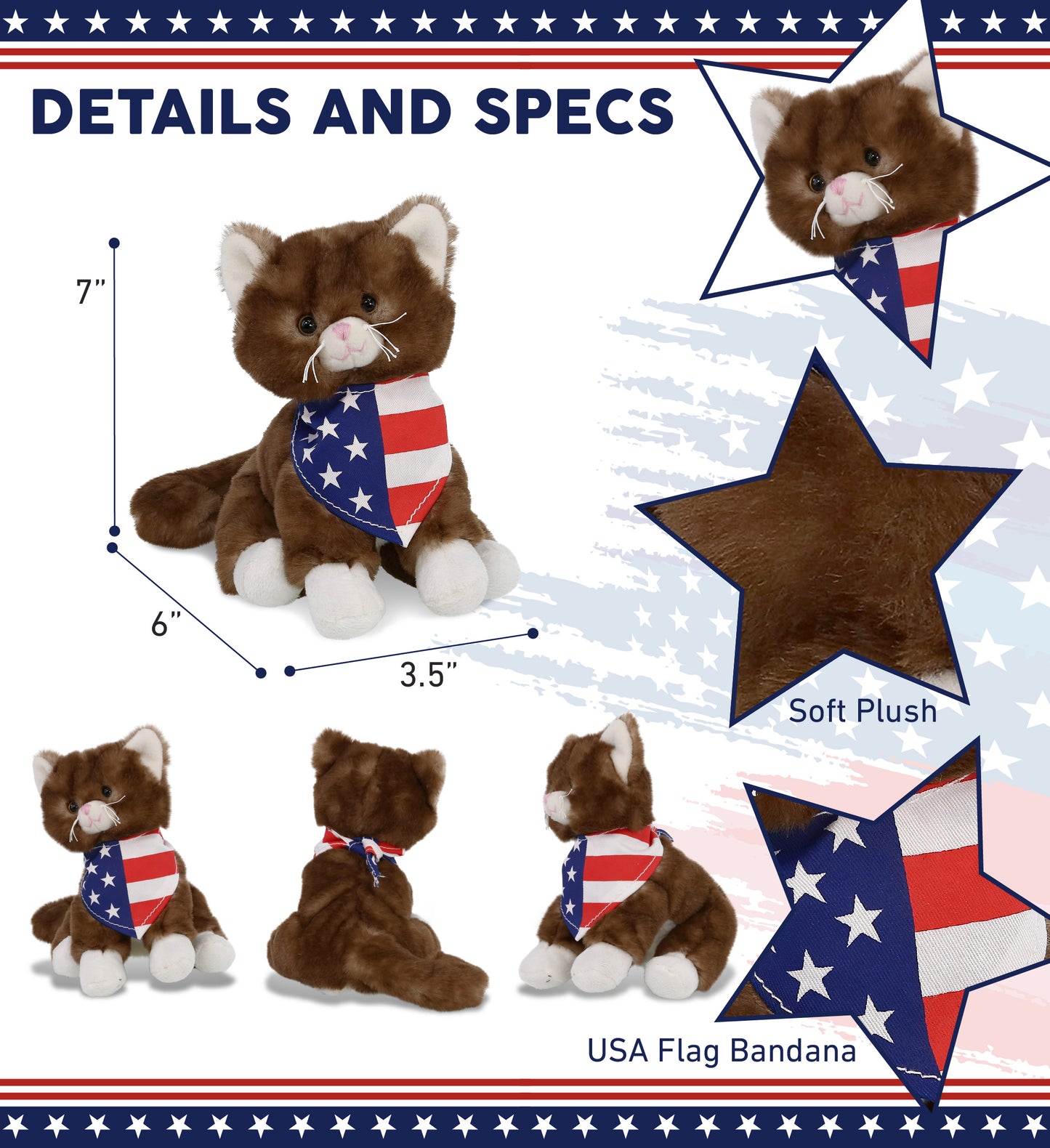 SUPER SOFT PLUSH - BROWN CAT WITH USA FLAG BANDANA