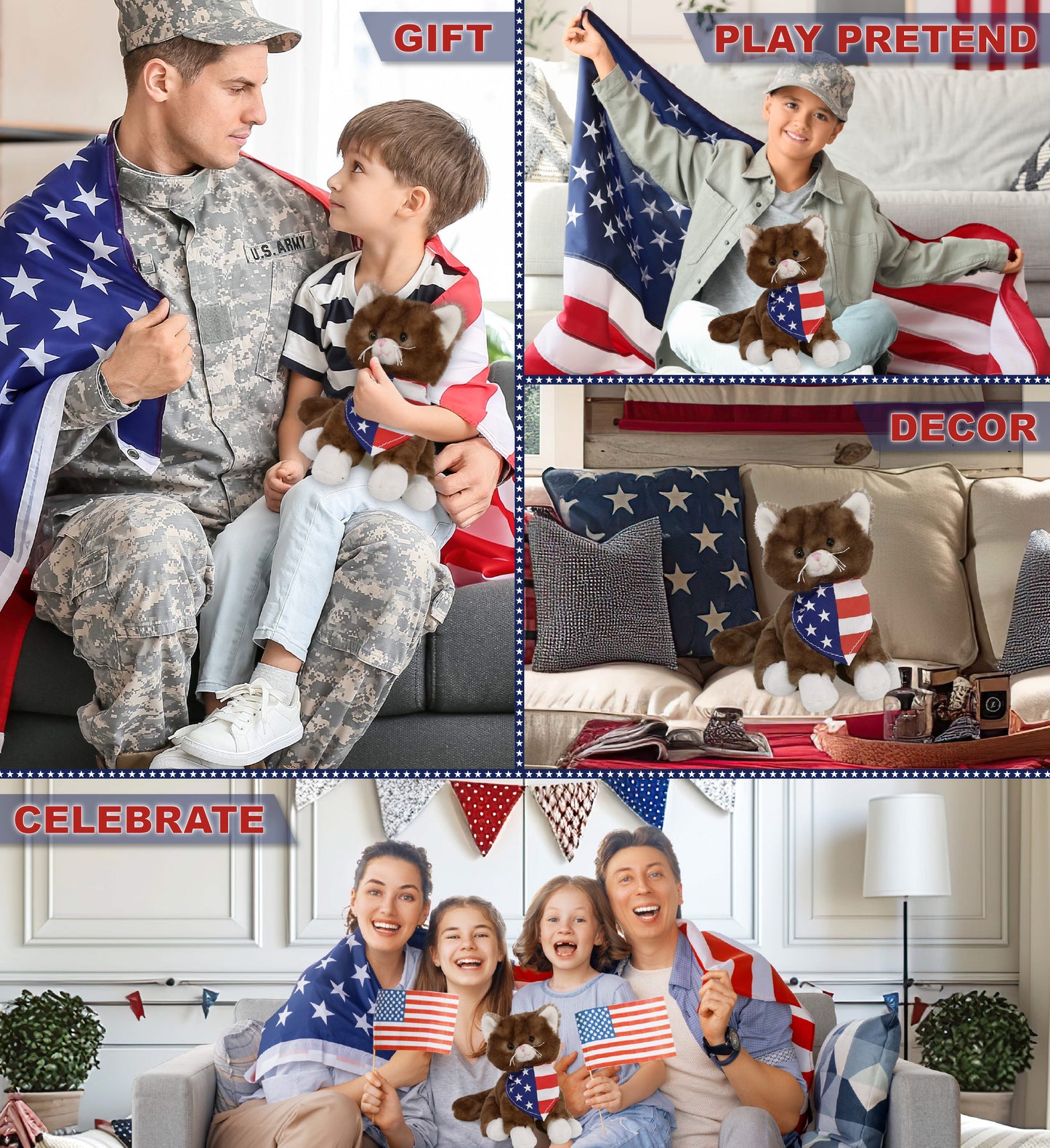 SUPER SOFT PLUSH - BROWN CAT WITH USA FLAG BANDANA