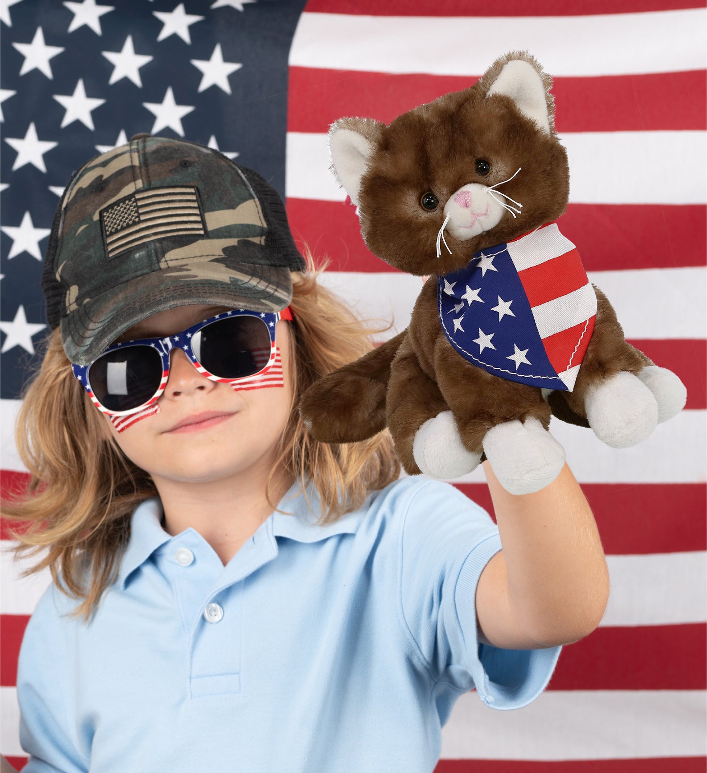 SUPER SOFT PLUSH - BROWN CAT WITH USA FLAG BANDANA