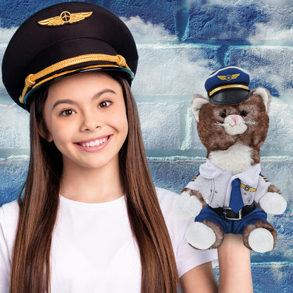 SUPER SOFT PLUSH - BROWN CAT WITH PILOT DRESS UP