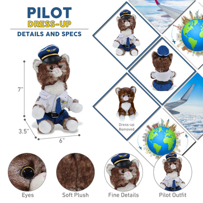 SUPER SOFT PLUSH - BROWN CAT WITH PILOT DRESS UP