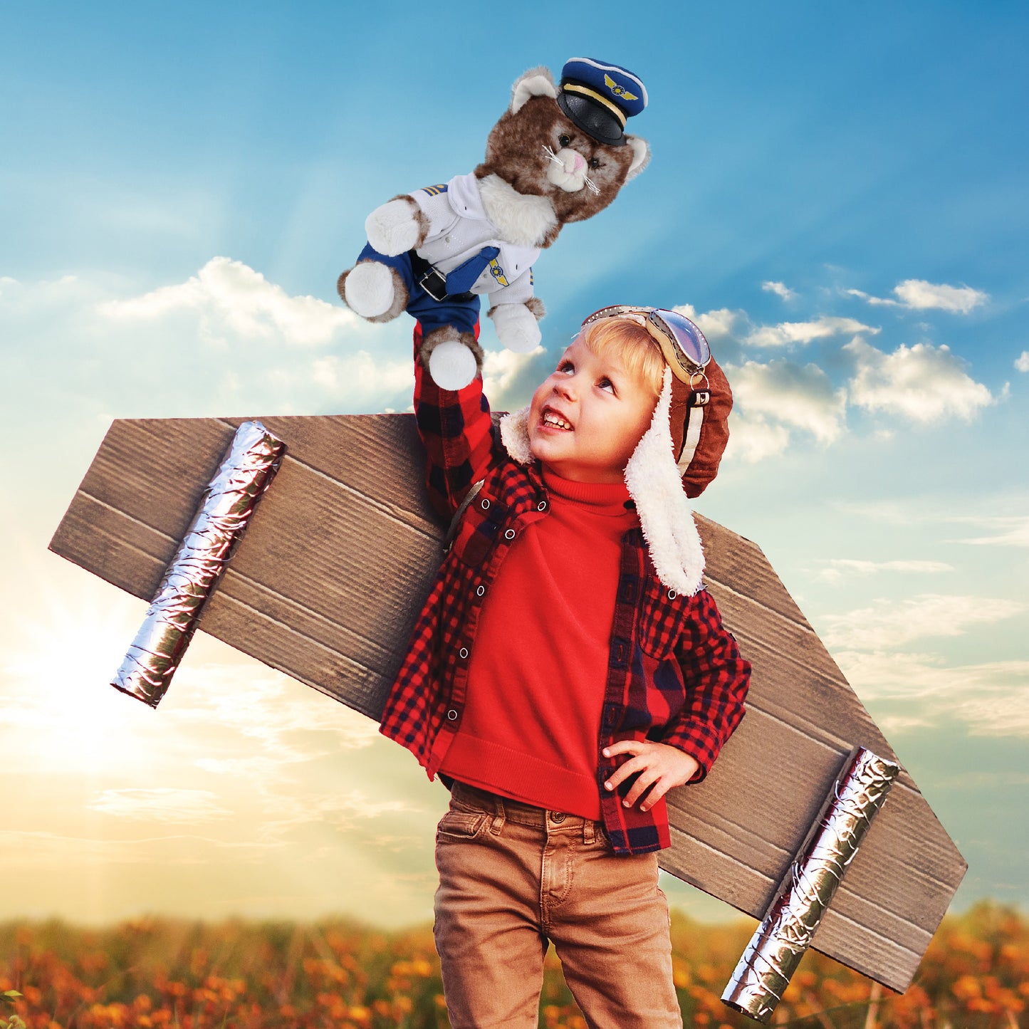 SUPER SOFT PLUSH - BROWN CAT WITH PILOT DRESS UP