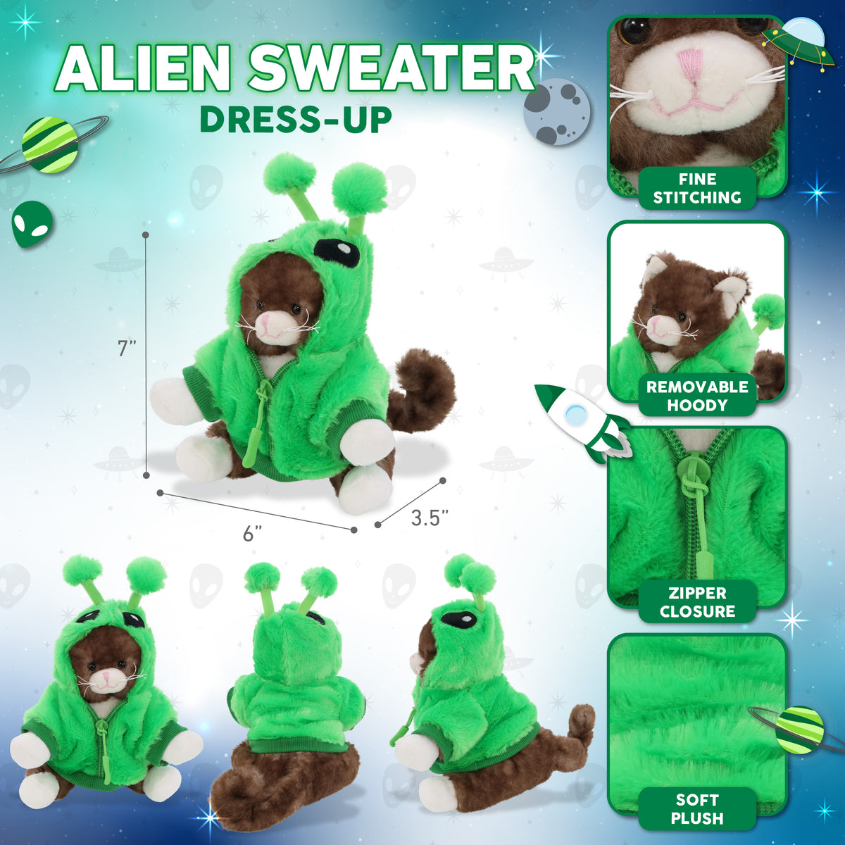 SUPER SOFT PLUSH - BROWN CAT WITH ALIEN SWEATER