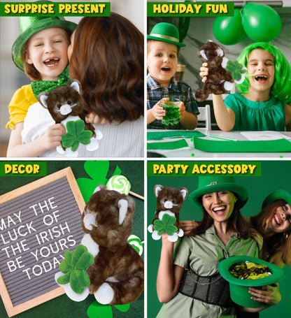 DolliBu Super Soft Brown Cat Stuffed Animal with Green Plush Shamrock - 7 Inch
