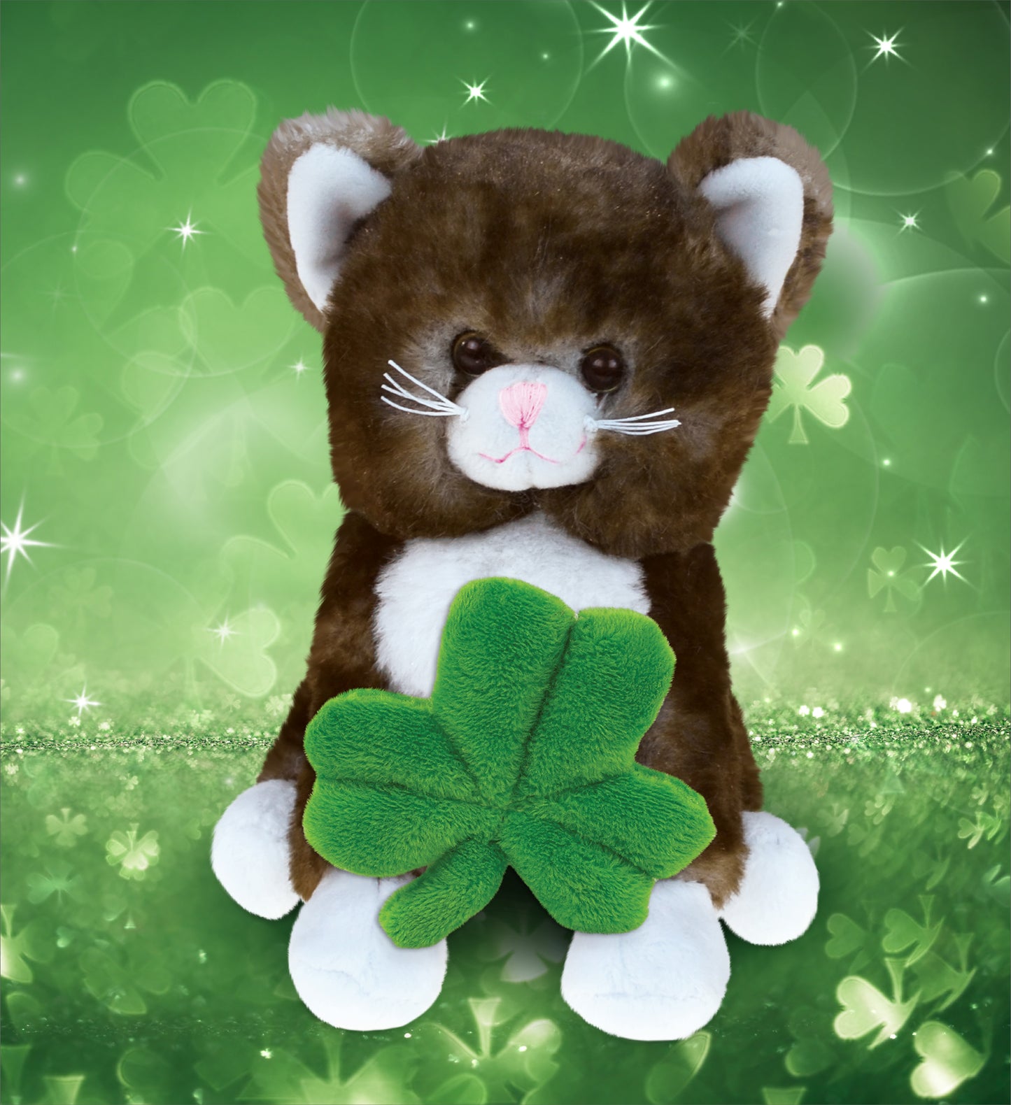 DolliBu Super Soft Brown Cat Stuffed Animal with Green Plush Shamrock - 7 Inch