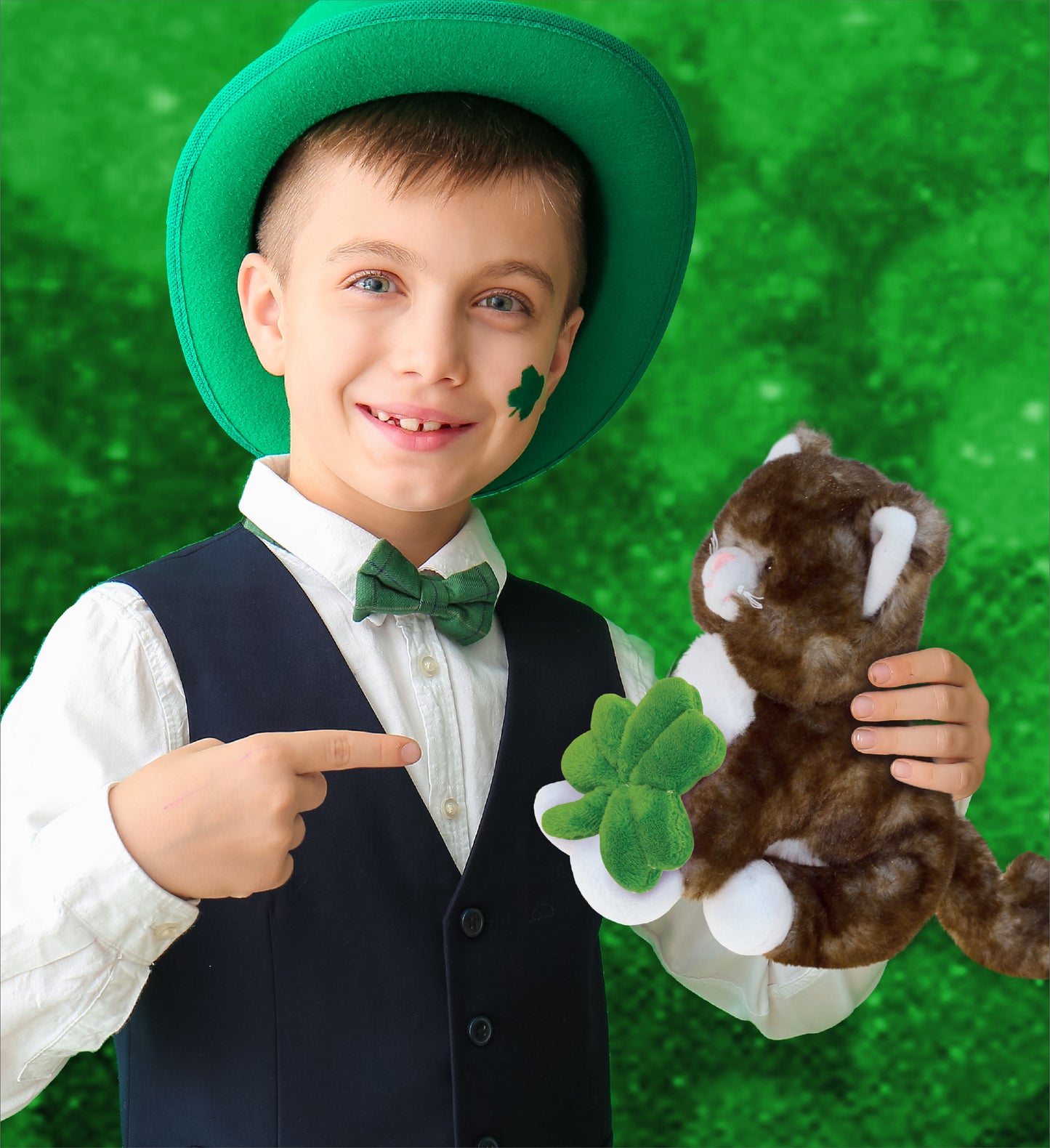 DolliBu Super Soft Brown Cat Stuffed Animal with Green Plush Shamrock - 7 Inch