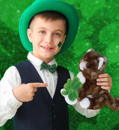 DolliBu Super Soft Brown Cat Stuffed Animal with Green Plush Shamrock - 7 Inch