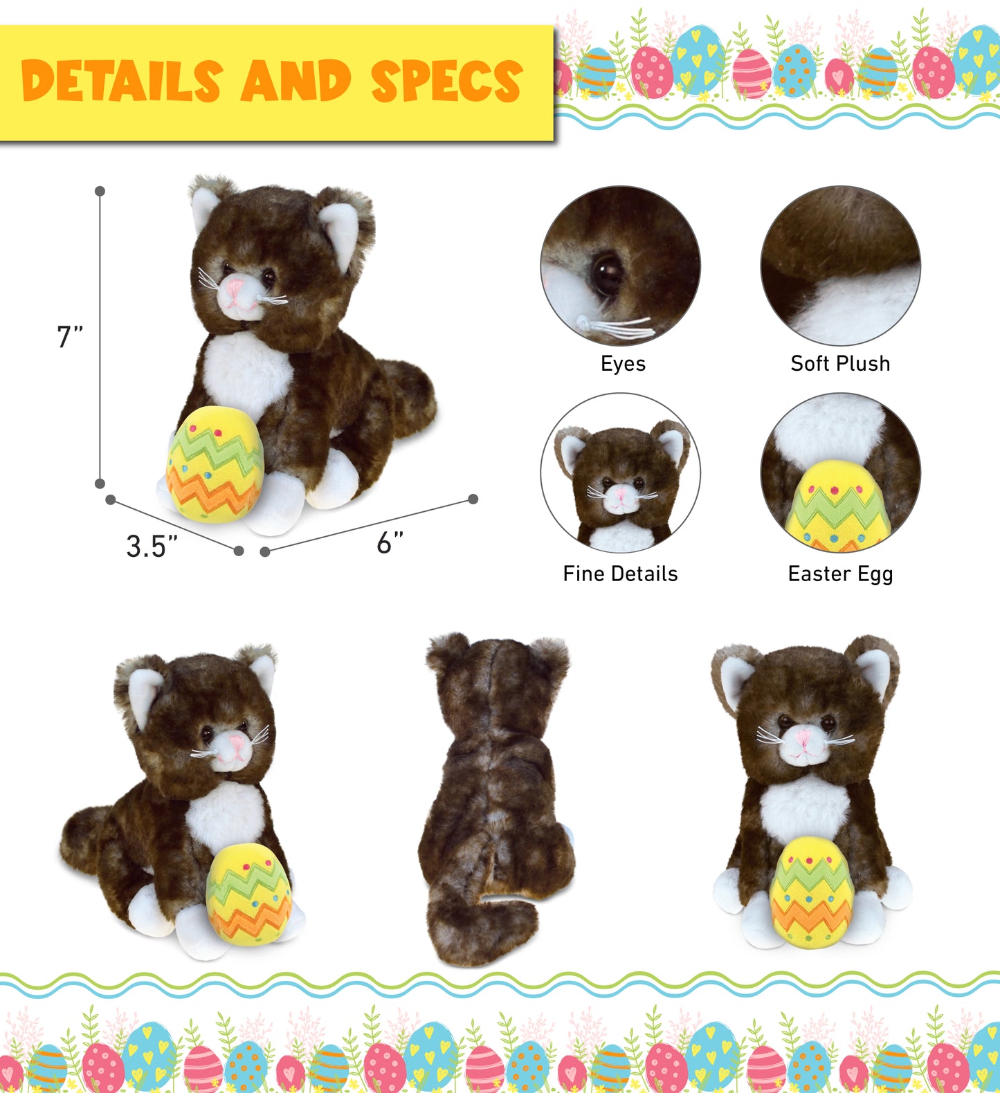DolliBu Super Soft Cute Brown Cat with Yellow Easter Egg Plush - 7 Inches