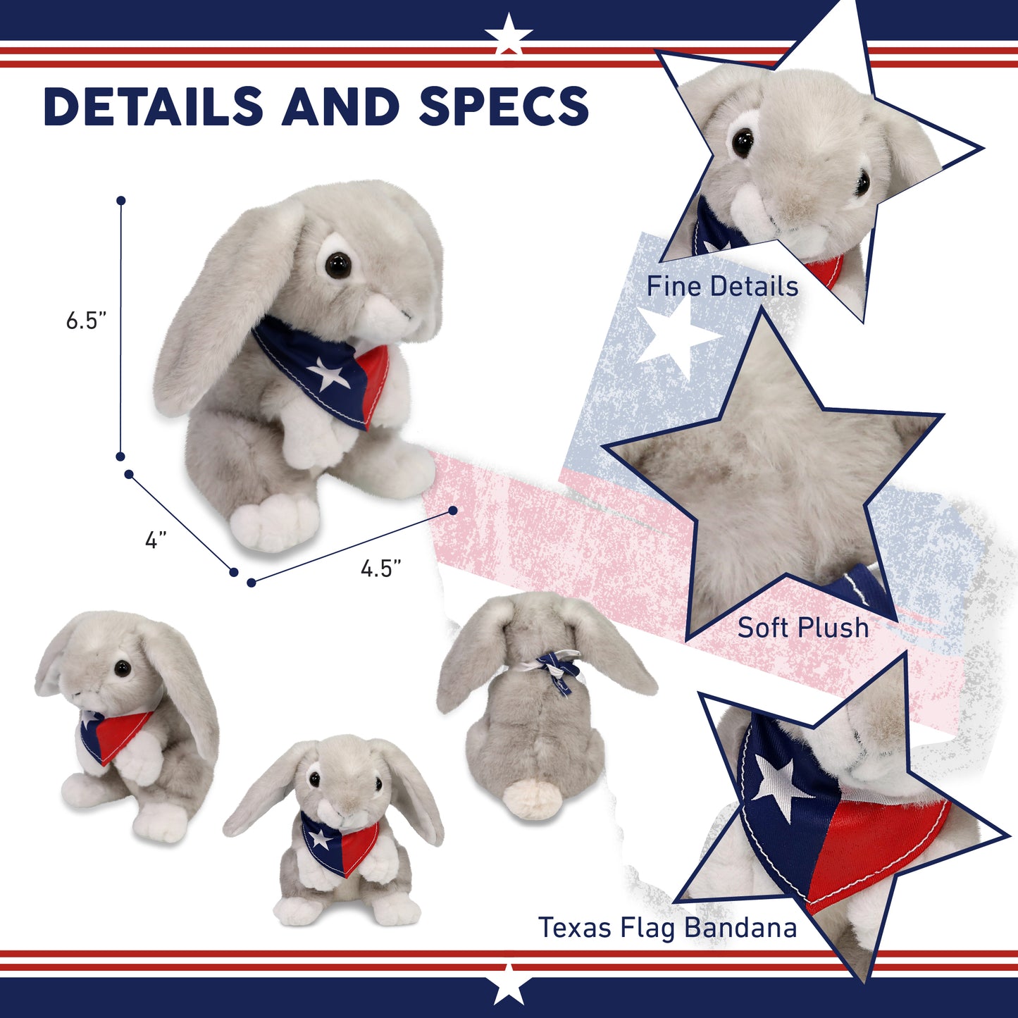 SUPER SOFT PLUSH - GREY RABBIT WITH TEXAS FLAG BANDANA