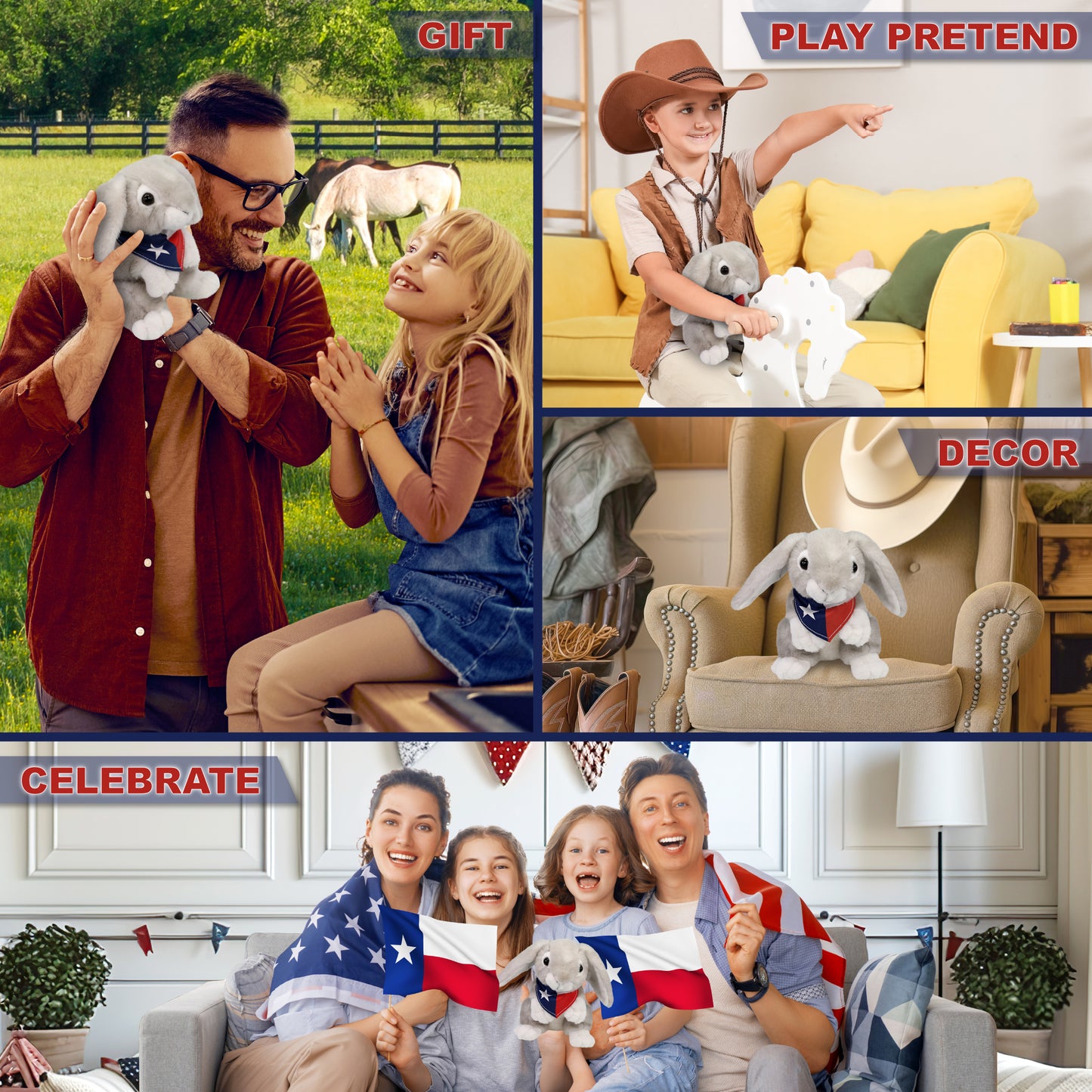 SUPER SOFT PLUSH - GREY RABBIT WITH TEXAS FLAG BANDANA