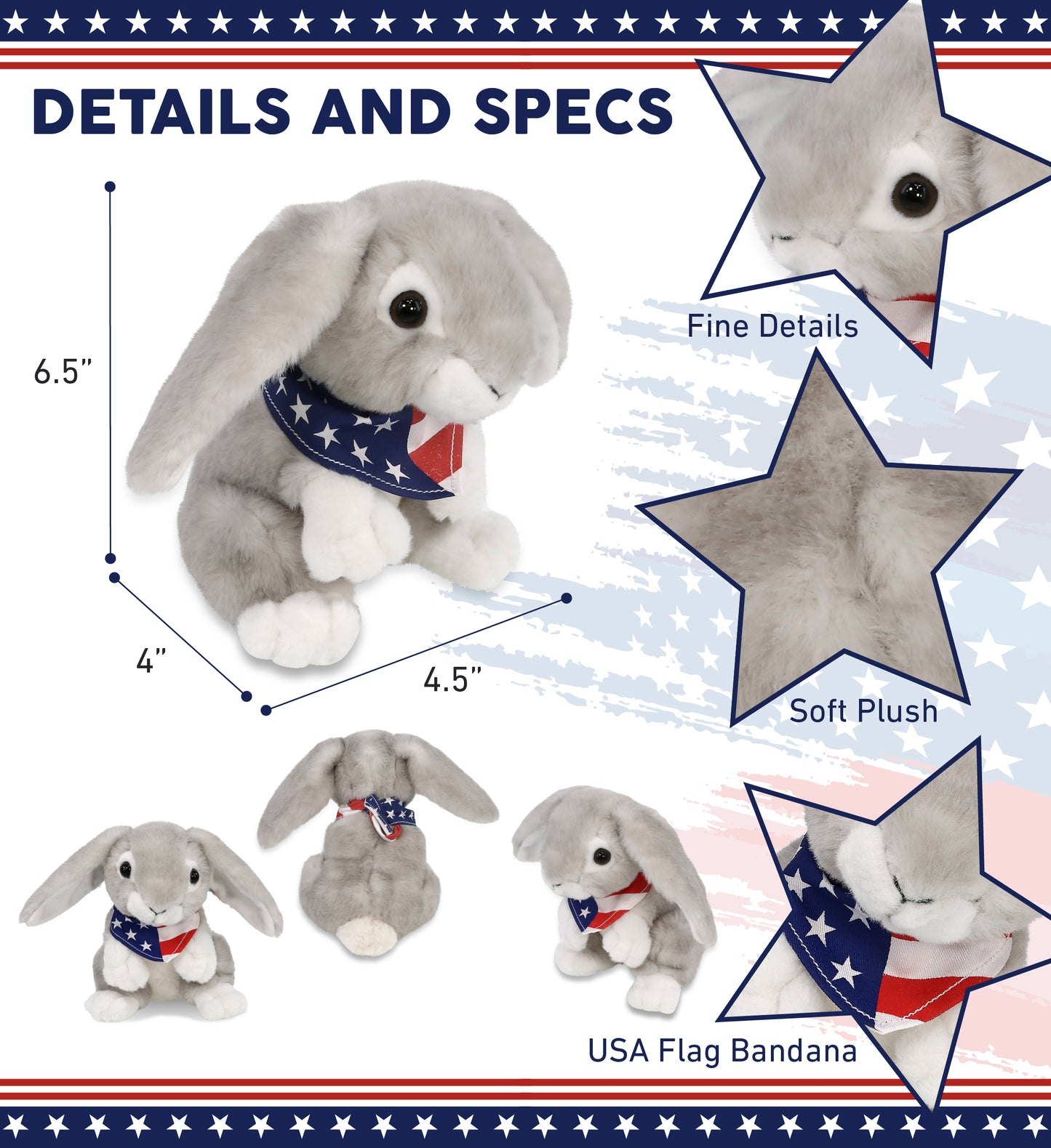 SUPER SOFT PLUSH - GREY RABBIT WITH USA FLAG BANDANA