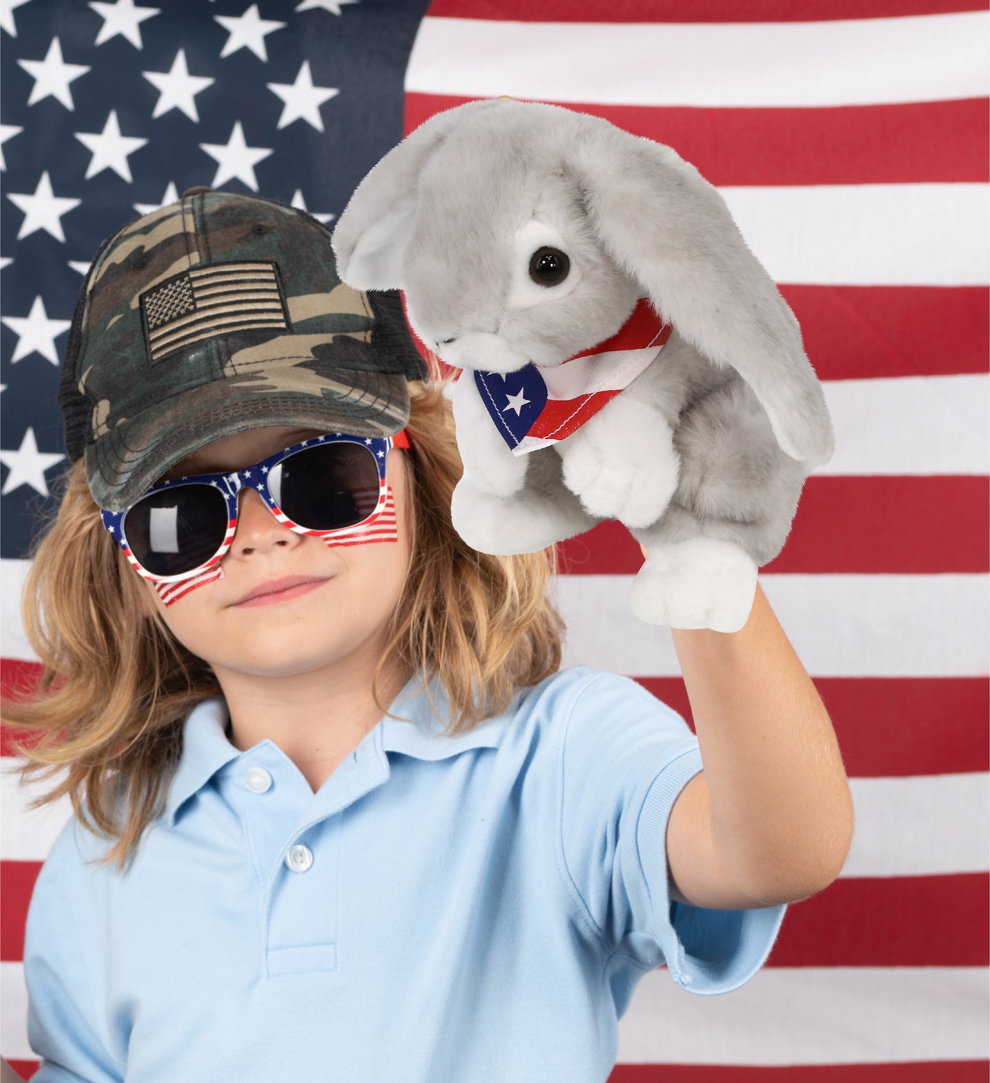 SUPER SOFT PLUSH - GREY RABBIT WITH USA FLAG BANDANA