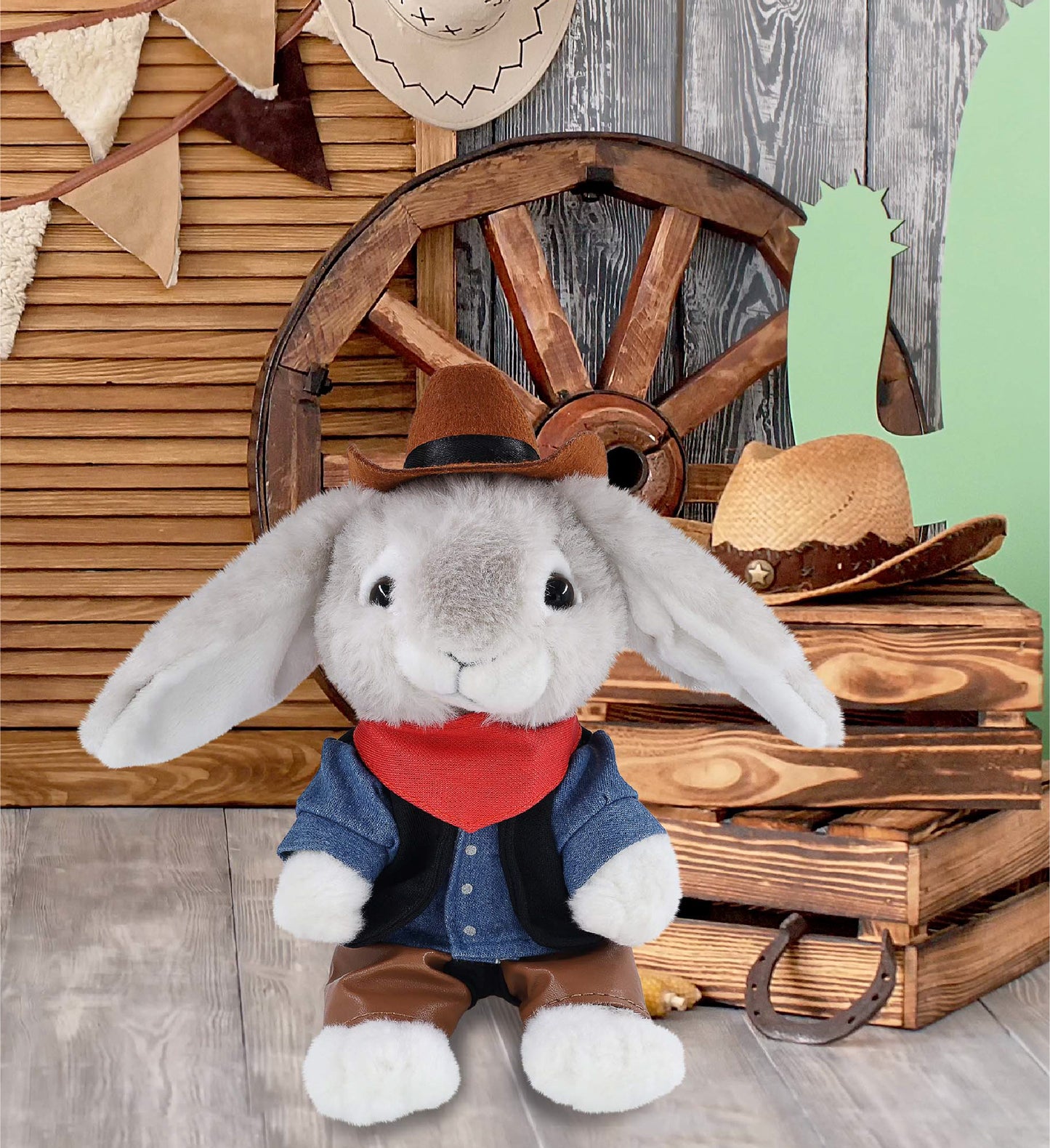 SUPER SOFT PLUSH - GREY RABBIT COWBOY DRESS UP