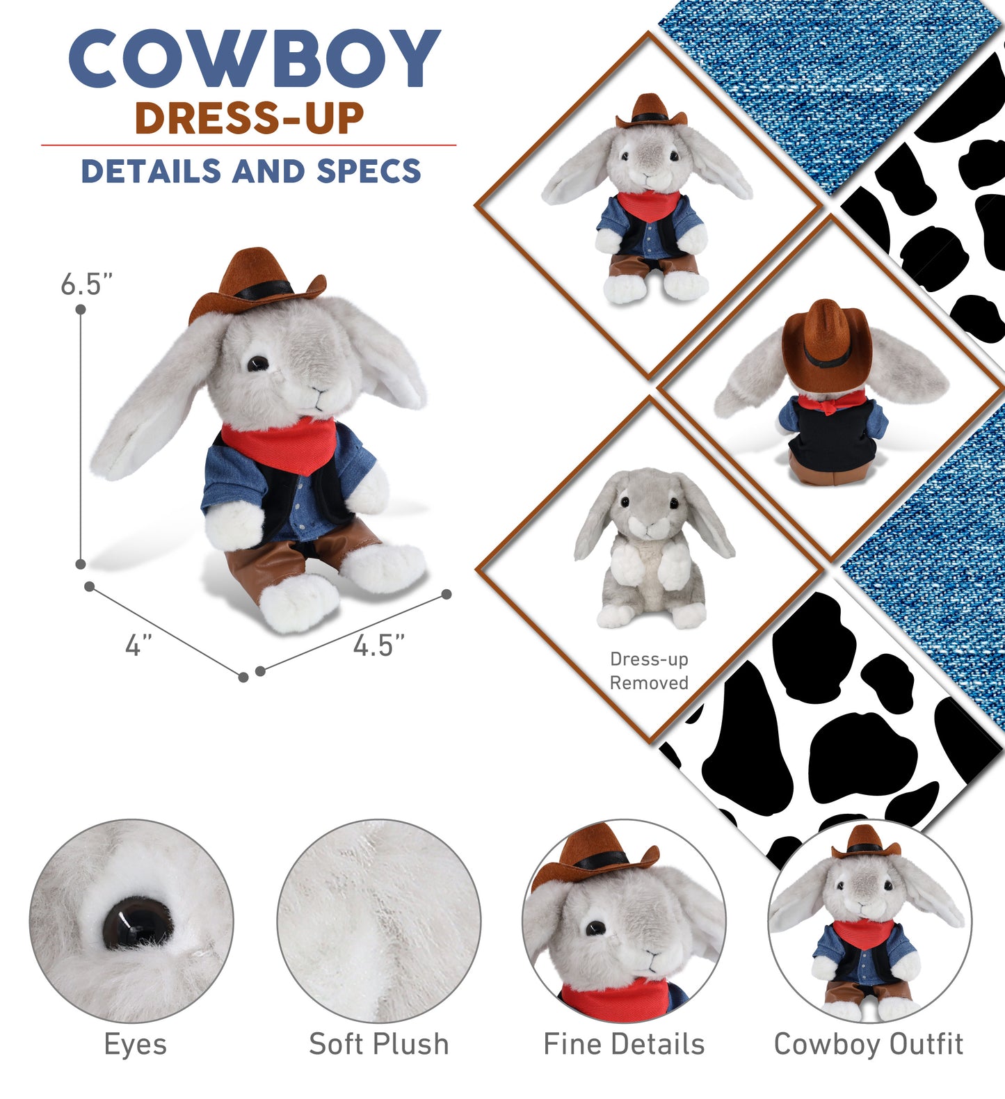 SUPER SOFT PLUSH - GREY RABBIT COWBOY DRESS UP